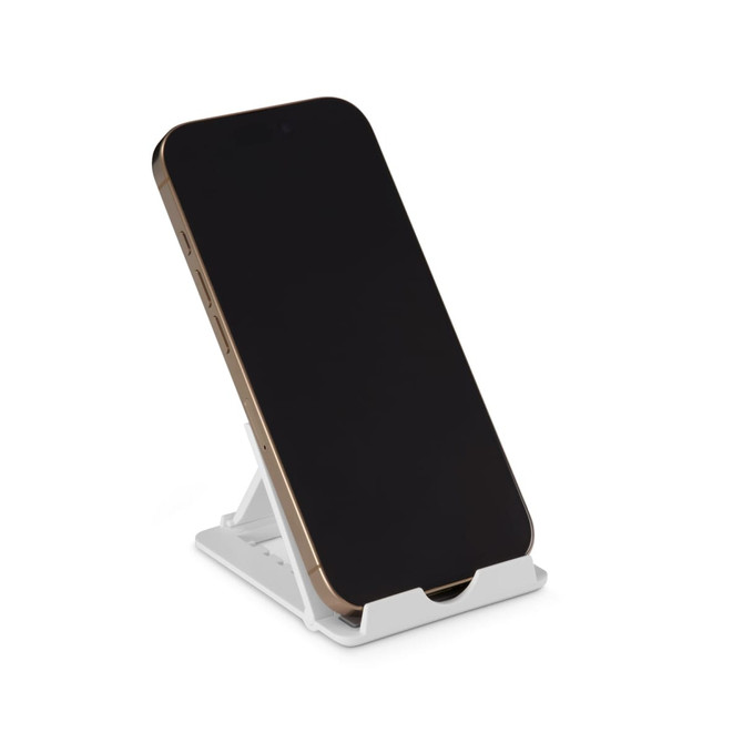 A phone in a white Glide Phone Stand, featuring a simple design with an adjustable angle.