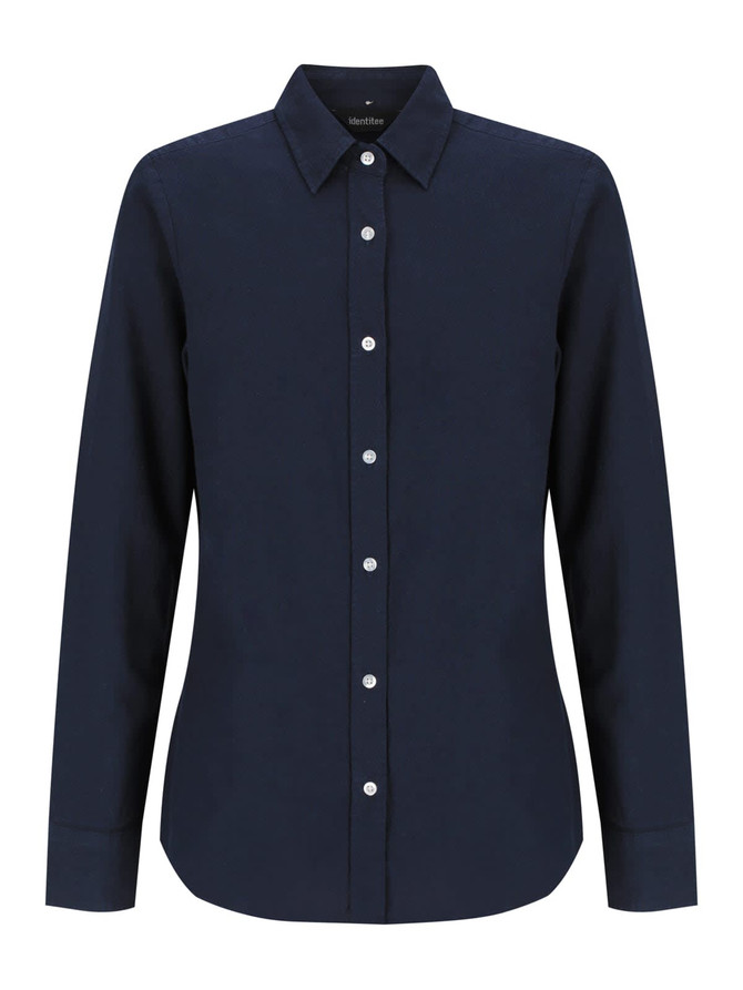 A navy ladies long sleeve button-up shirt featuring buttons and a crisp collar. Includes a logo.