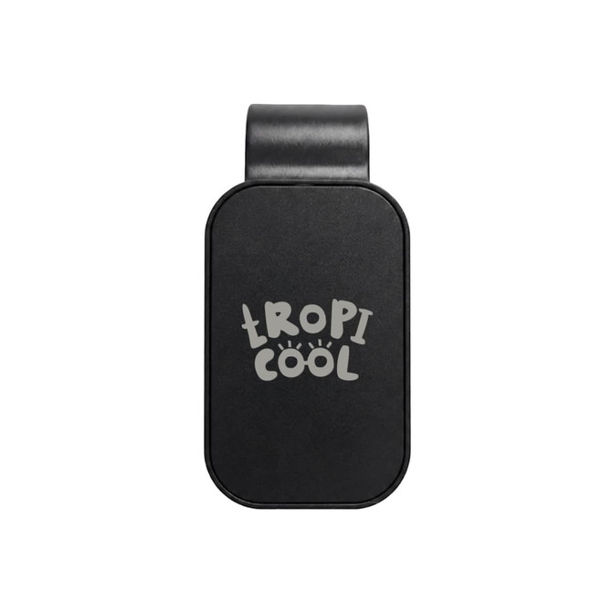 A black visor glasses holder with a logo, designed for storing glasses securely.