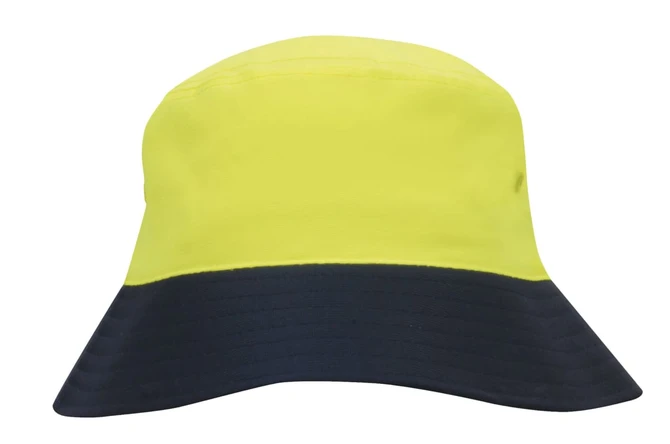 A luminescent safety bucket hat in bright yellow with a navy blue brim. Features branding on the hat.