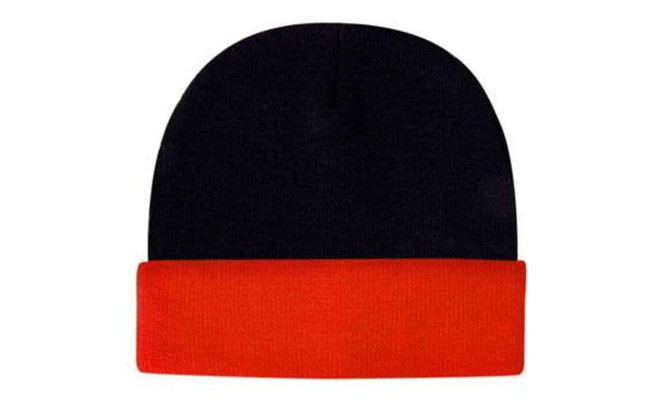 A beanie in black with a bright orange fold-over brim, featuring a logo.