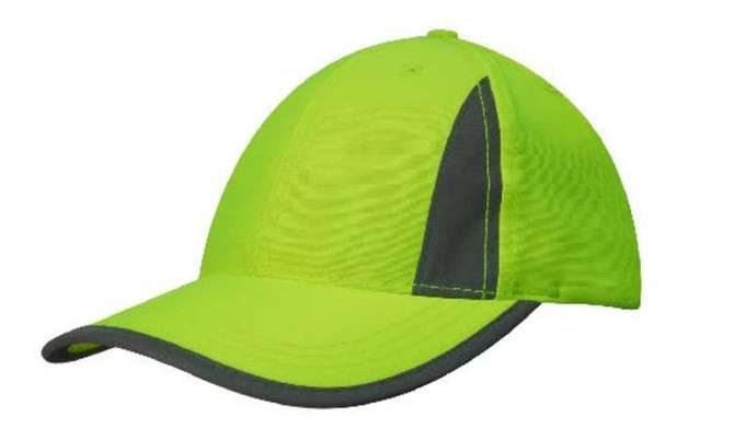 A luminescent green cap featuring reflective inserts and trim. The cap has a curved brim and a logo on the front.
