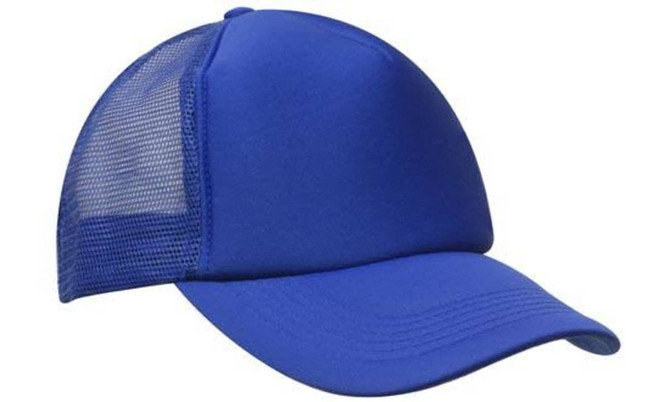 A blue truckers mesh cap with a solid front panel and a mesh back, featuring a logo.