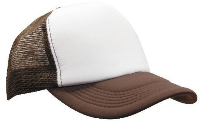 A brown and white truckers mesh cap with a solid front and mesh back, featuring a logo on the front.