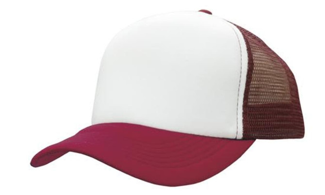 A truckers mesh cap featuring a white front panel and a maroon brim and mesh backing. It has a logo on the front.