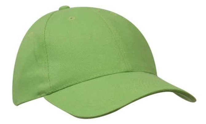 A green cap with a curved brim and six panels, featuring a logo on the front.