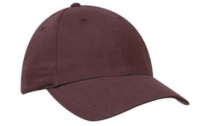 A maroon cap with a curved brim, featuring an embroidered logo on the front.