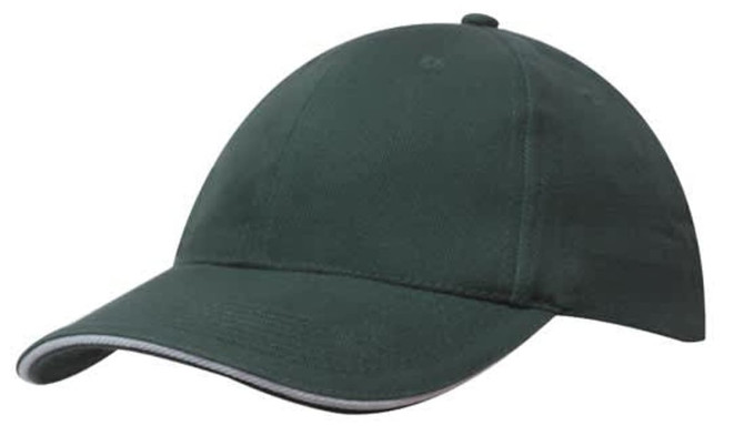 A green cap with a sandwich trim, featuring a curved peak and a logo.
