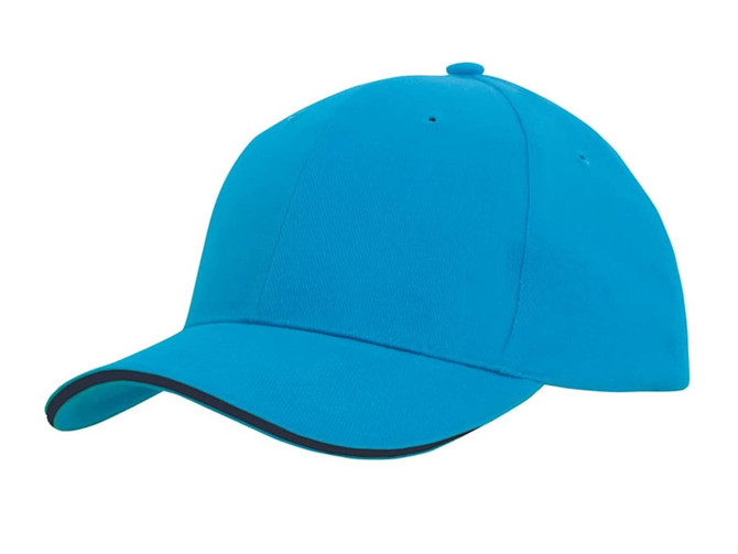 A bright turquoise cap with a contrasting trim, featuring a rounded crown and a curved brim.