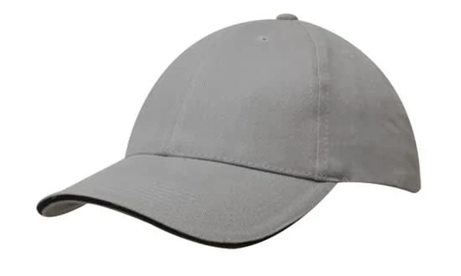 A grey cap with a black sandwich trim and a curved visor. It features a logo on the front.