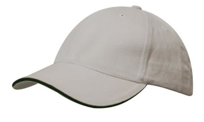 A white cap with a green sandwich trim and a curved brim, featuring a logo on the front.