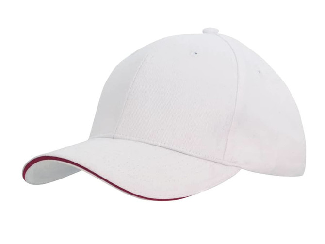 A white cap with a red sandwich trim and a curved brim, featuring a logo on the front.