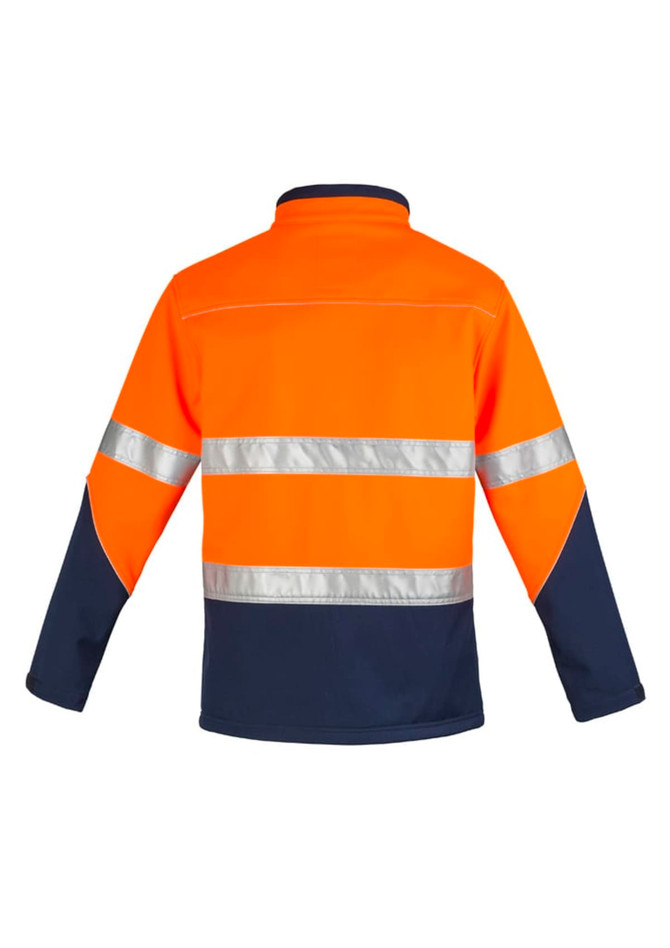 A unisex hi-vis softshell jacket in bright orange with reflective stripes and navy blue accents.