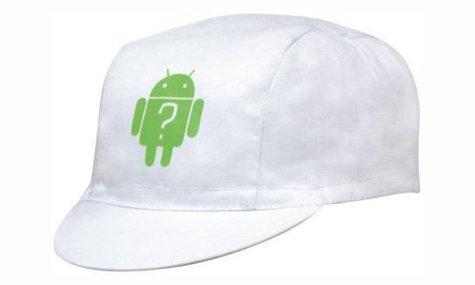 A white cotton cycling cap featuring a green logo with an android character. The cap has a curved brim.