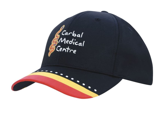 A navy cap with a multicoloured peak featuring red, yellow and white stripes, and a logo on the front.