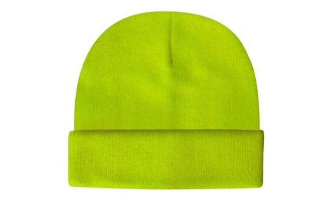 A bright yellow beanie with a folded cuff, made from acrylic material. It features a branding logo.