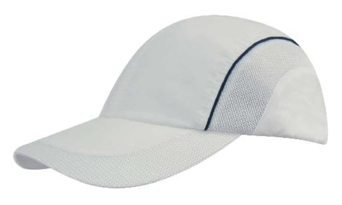 A white cap featuring woven fabric with mesh side panels and peak, complete with a branding logo.