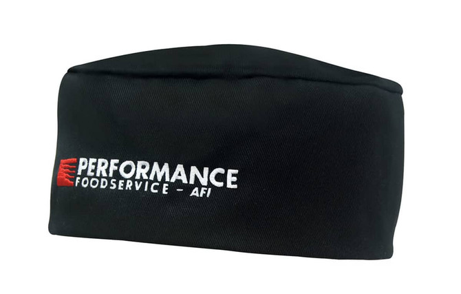 A black poly cotton chef's hat with a logo on the front. Stylish and professional design for culinary use.