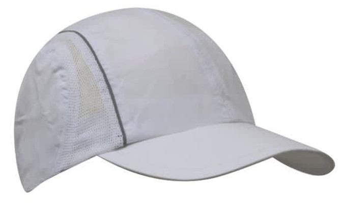 A white sports cap with reflective trim and mesh panels, featuring a branding logo.