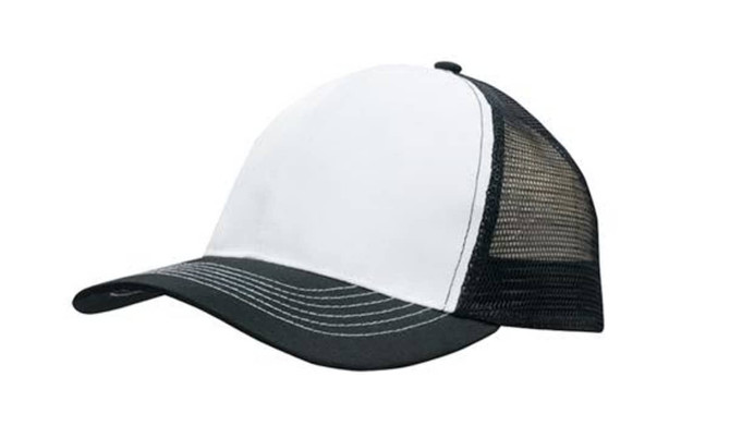 A black and white cap with a solid front and a mesh back, featuring a curved brim and stitching details.