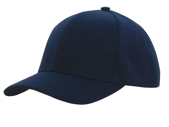 A navy blue college cap with a curved brim and a structured shape, featuring a logo on the front.