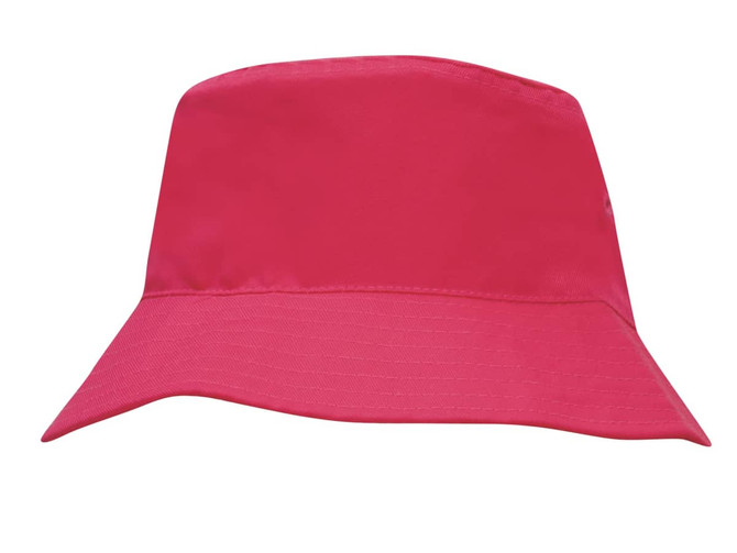 A breathable poly twill child’s bucket hat in bright pink, featuring a wide brim and a logo.