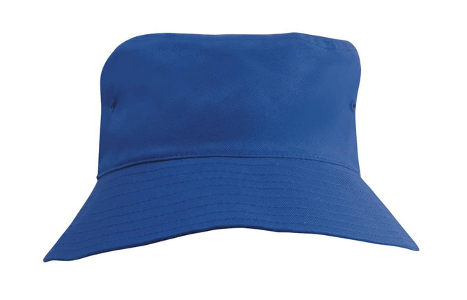 A blue breathable poly twill child's bucket hat with a wide brim and a simple design. It features a logo.