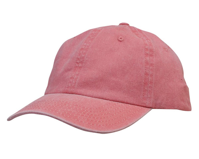 A pink enzyme washed pigment dyed cotton twill cap with an adjustable strap and a logo.