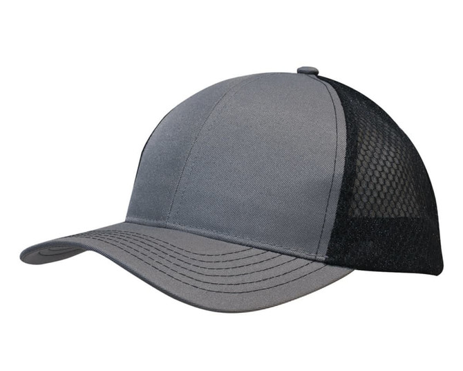 A grey cap featuring a breathable poly twill front and black honeycomb mesh back, with a curved visor.