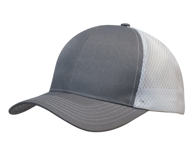 A grey cap featuring a breathable poly twill front and honeycomb mesh side panels, with a curved brim.