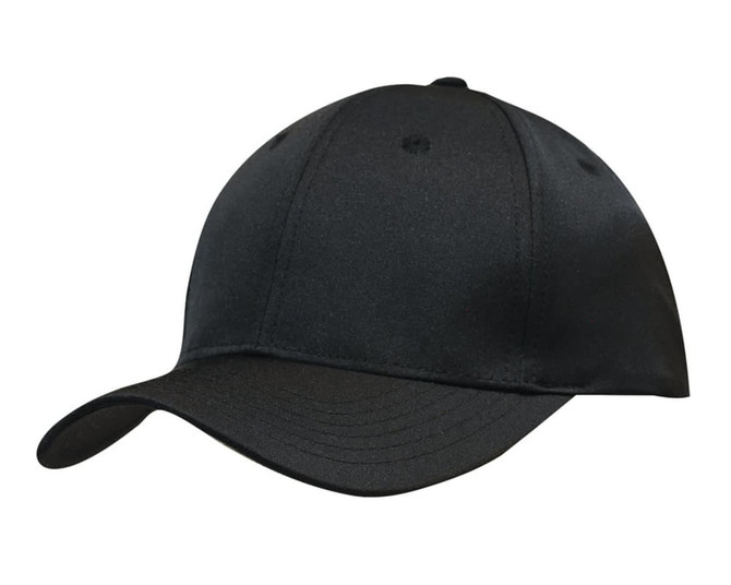A black sports cap with a curved peak, featuring a solid design and a logo on the front.