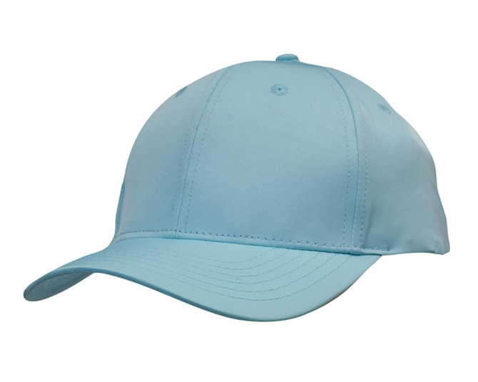 A light blue sports cap with a curved brim and an adjustable strap, featuring a logo.