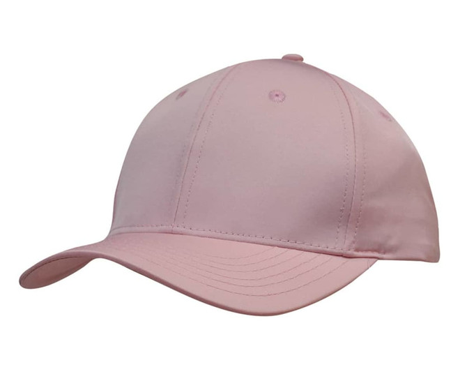 A pink baseball cap featuring a curved brim and a logo on the front.