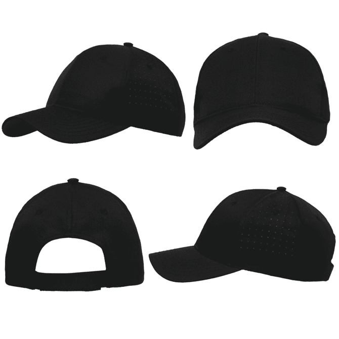 A black baseball cap featuring breathable poly twill and circular perforations, displayed from multiple angles.