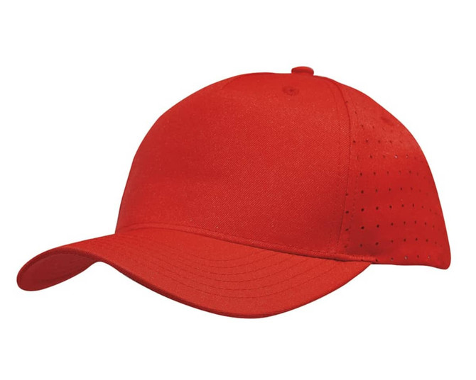 A red cap featuring breathable poly twill and circle perforations. It includes a logo on the side.
