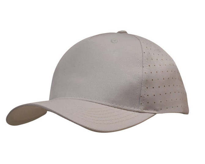 A beige cap featuring breathable poly twill with circle perforations and a curved peak. It has a logo on the side.