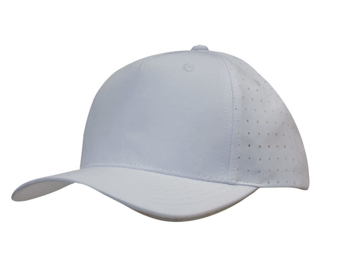 A white cap made from breathable poly twill featuring circular perforations and a curved brim. It includes a logo.