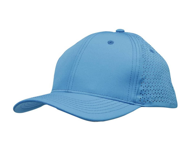 A light blue cap featuring triangle perforations on the side and a rounded peak. It has a logo on the front.