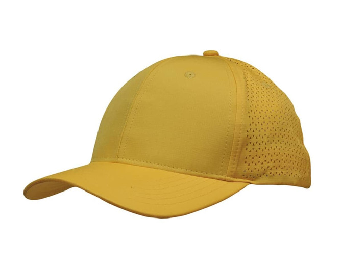 A yellow cap with triangle perforations on the sides and a curved brim. The cap features a logo but no visible text.