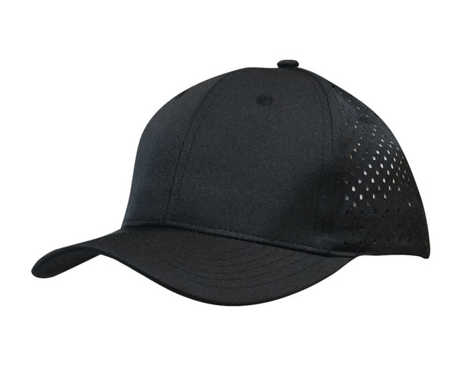 A black cap featuring tear drop perforations and a solid front panel, complete with a logo.