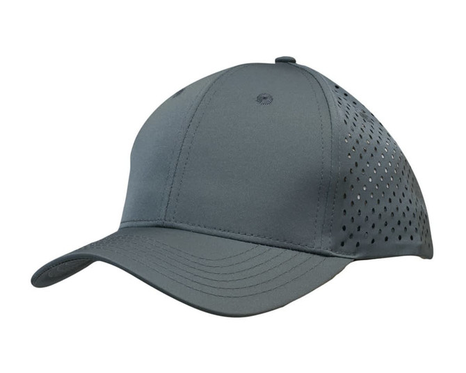 A grey cap featuring tear drop perforations and a smooth front design, with a logo on the side.