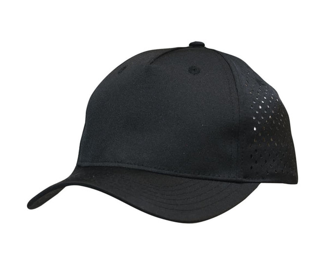 A black cap featuring tear drop perforations on the sides and a curved brim, with a logo on the front.
