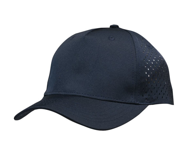 A navy sports cap featuring perforated panels for ventilation and a curved brim. Includes a logo on the side.