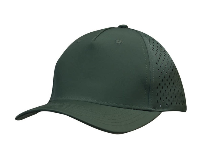A green cap featuring tear drop perforations for ventilation and a solid design, including a logo.