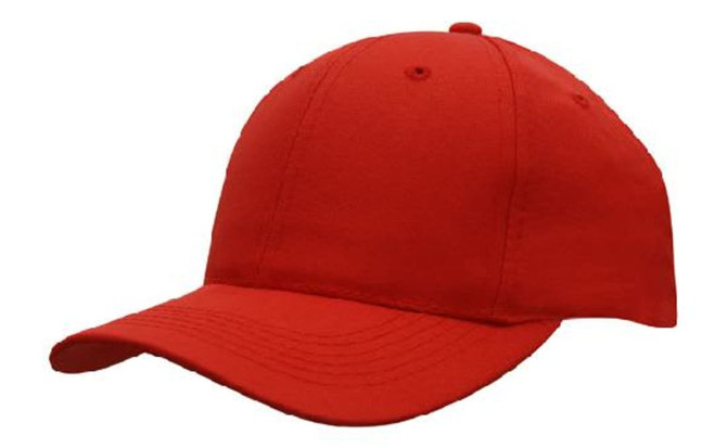 A red breathable poly twill cap with a rounded crown and a curved brim, featuring a logo on the front.