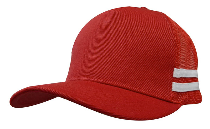 A red deep fit trucker cap with mesh sides and white stripes. It features a logo on the front.