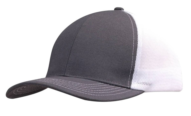 A grey brushed cotton cap with a white mesh back and a curved brim, featuring a logo on the front.