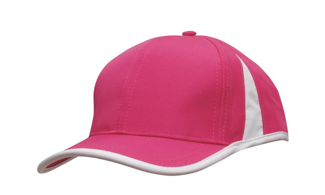 A pink cap with white trim and detailing, featuring a structured design and a curved brim.