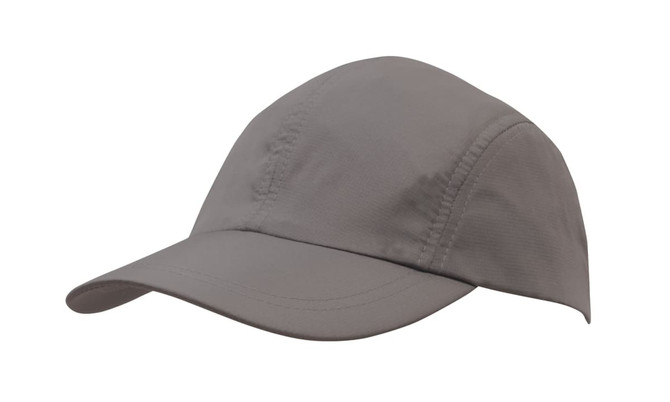 A grey sports cap with a curved brim and a logo on the front. The fabric appears lightweight and ripstop.