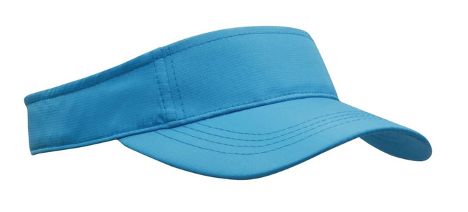 A blue sports visor with a wide brim and adjustable band, featuring a logo on the side.